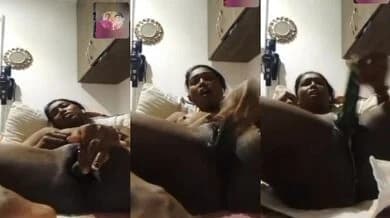 The girl got orgasm after fucking her pussy with a big cucumber